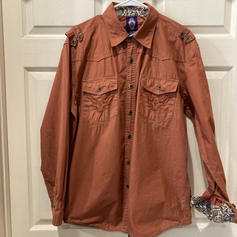 Franky Max Large Men's Long Sleeve Rust Shirt Embroidered Details Contrast Cuff